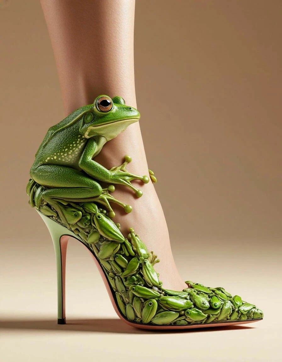 Сюрреалистичная туфля, облитая лягушками, образующий скульптурный арт-образ.