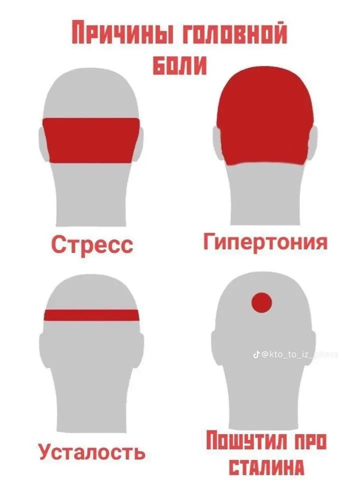 ПРИЧИНЫ ГОЛОВНОЙ БОЛИ Стресс Гипертония Усталость Пошутил про СТАЛИНА