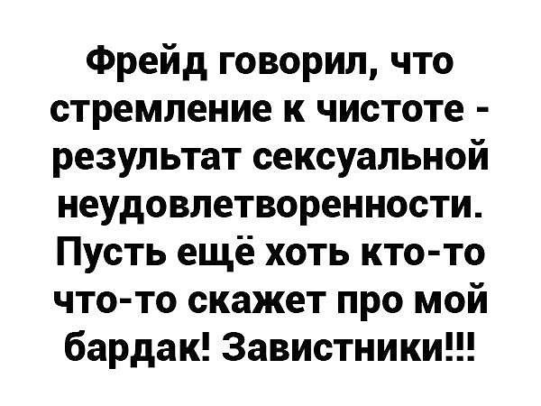 Фрейд говорил что стремление к чистоте результат сексуальной неудовлетворенности Пусть ещё хоть ктото что то скажет про мой бардак Завистники