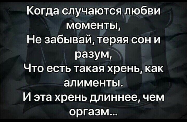 Когда случаются любви моменты Не забывай теряя сон и разум Что есть такая хрень как алименты И эта хрень длиннее чем оргазм