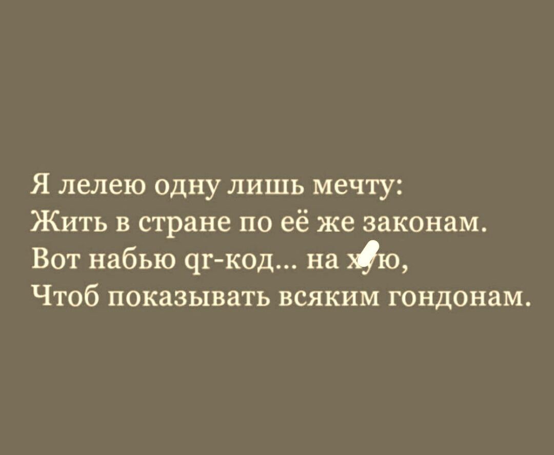 Я лелею одну лишь мечту Жить в стране по её же законам Вот набью чг код на Дю Чтоб показывать всяким гондонам