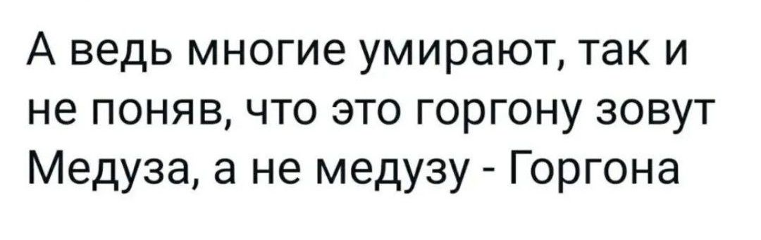 А ведь многие умирают так и не поняв что это горгону зовут Медуза а не медузу Горгона