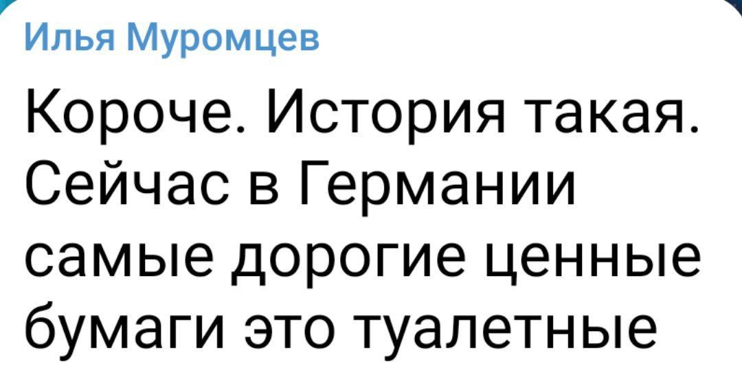 Илья Муромцев Короче История такая Сейчас в Германии самые дорогие ценные бумаги это туалетные