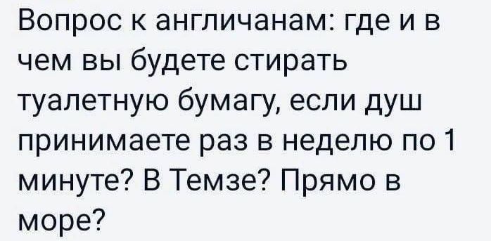 Вопрос к англичанам где и в чем вы будете стирать туалетную бумагу если душ принимаете раз в неделю по1 минуте В Темзе Прямо в море