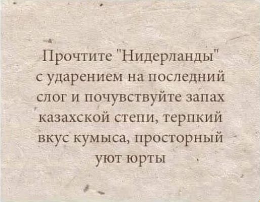 Прочтите Нидерланды с ударением на последний слог и почувствуйте запах казахской степи терпкий вкус кумыса просторный уют юрты