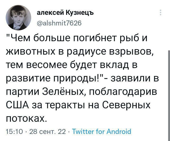 алексей Кузнецъ аЫчтЗПбШЗ Чем больше погибнет рыб и животных в радиусе взрывов тем весомее будет вклад в развитие природы заявили в партии Зелёных поблагодарив США за теракты на Северных потоках 1510 28 сент 22 Тшіііег іог Апбгоісі