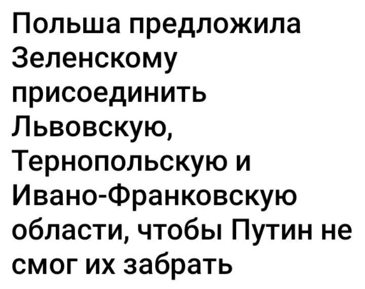 Польша предложила Зеленскому присоединить Львовскую Тернопольскую и ИваноФранковскую области чтобы Путин не смог их забрать