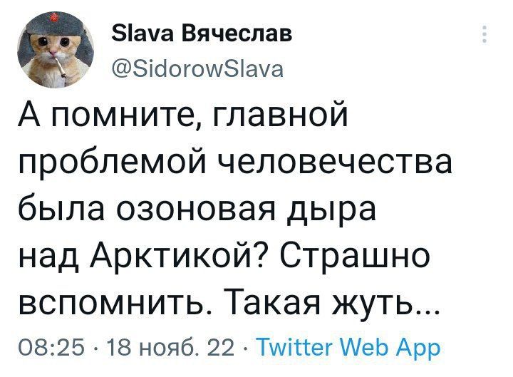 5ауа Вячеслав _ Зійогошэшуа А помните главной проблемой человечества была озоновая дыра над Арктикой Страшно ВСПОМНИТЬ Такая ЖУТЬ 0825 18 нояб 22 Тшікег МеЬ Арр