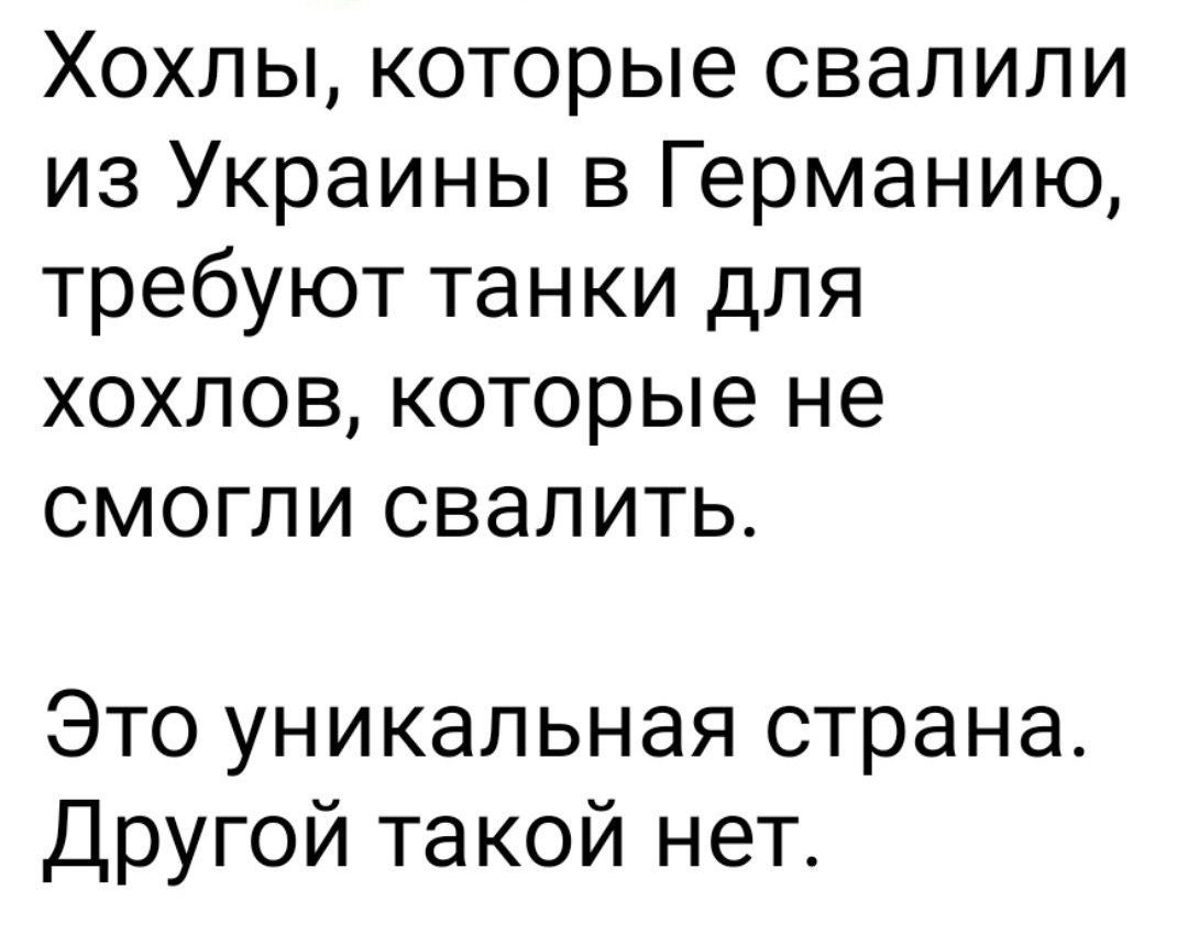 Хохлы которые свалили из Украины в Германию требуют танки для хохлов которые не смогли свалить Это уникальная страна Другой такой нет