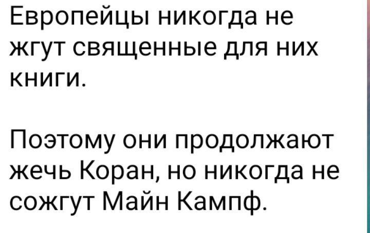 Европейцы никогда не жгут священные для них книги Поэтому они продолжают жечь Коран но никогда не сожгут Майн Кампф