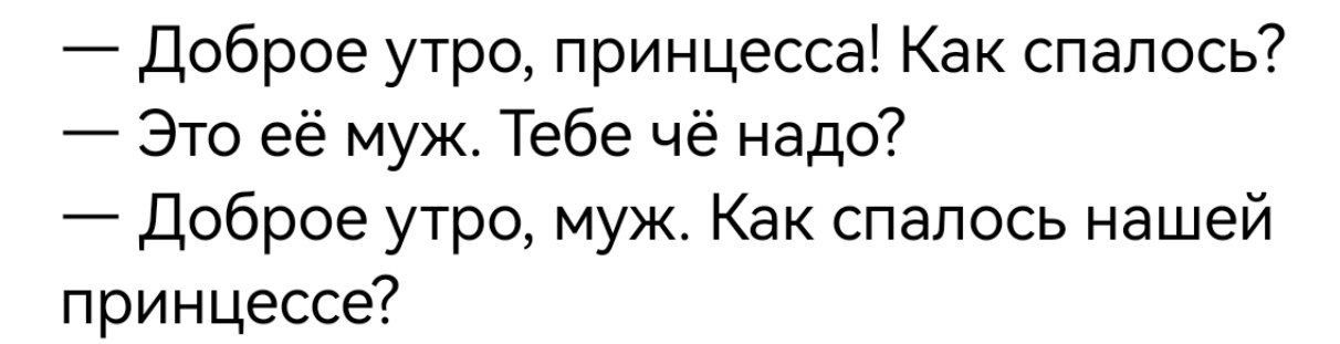 Доброе утро принцесса Как спапось Это её муж Тебе чё надо Доброе утро муж Как спапось нашей принцессе