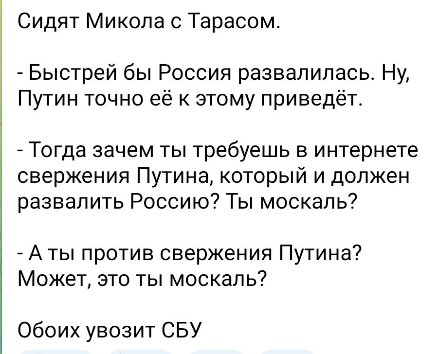 Сидят Микола Тарасом Быстрей бы Россия развалилась Ну Путин точно её к этому приведёт Тогда зачем ты требуешь в интернете свержения Путина который и должен развалить Россию Ты москаль А ты против свержения Путина Может это ты москаль обоих увозит СБУ