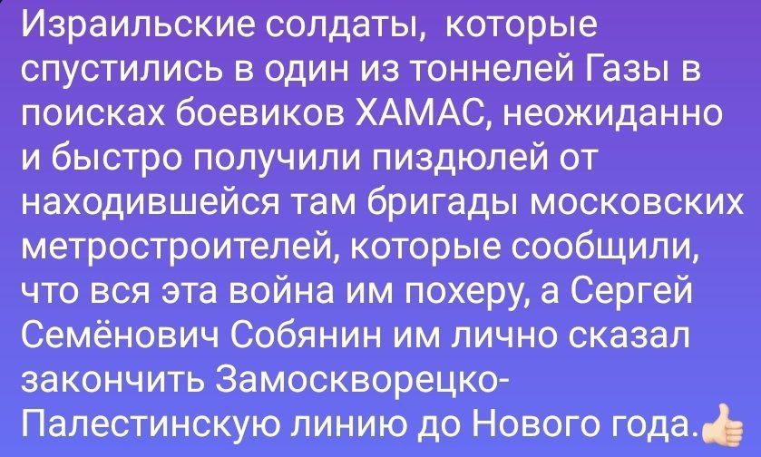 Израильские солдаты которые спустились в один из тоннелей Газы в поисках боевиков ХАМАС неожиданно и быстро получили пиздюпей от находившейся там бригады московских метростроителей которые сообщили что вся эта война им похеру а Сергей Семёнович Собянин им лично сказал закончить Замоскворецко Палестинскую линию до Нового года