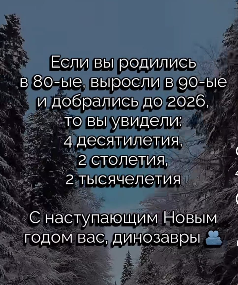 Если вы родились в 80-е, выросли в 90-е и добрались до 2026, то вы увидели: 4 десятилетия, 2 столетия, 2 тысячелетия

С наступающим Новым годом вас, динозавры