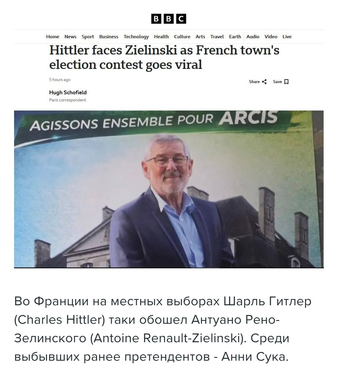 Гитлер противостоит Зелинскому, поскольку предвыборная борьба во французском городе становится вирусной. Действуем вместе для Арси. Во Франции на местных выборах Шарль Гитлер (Charles Hittler) таки обошел Антуано Рено-Зелинского (Antoine Renault-Zielinski). Среди выбывших ранее претендентов - Анни Сука.