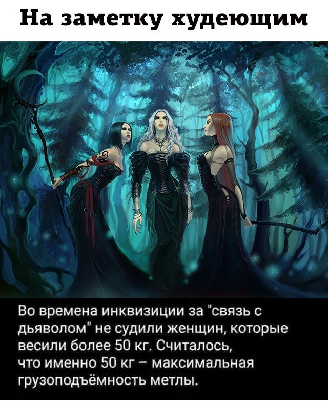 На заметку худеющим Во времена инквизиции за связь с дьяволом не судили женщин которые весили более 50 кг Считалось что именно 50 г максимальная грузоподъёмность метлы