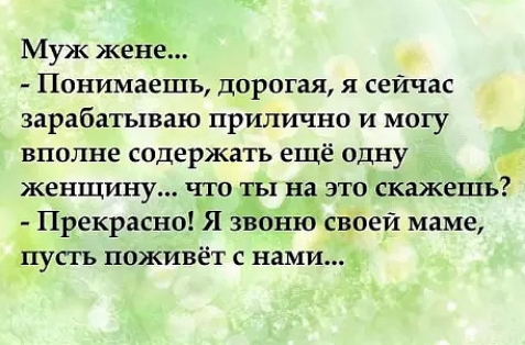 Муж жене Понимаешь дорогая я сейчас зарабатываю прилично и могу вполне содержать ещё одну женщину что ты на это скажеціъ Прекрасно Я зЁошЁ сцйей маме йусгь поживёт с нами