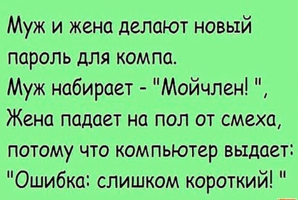 Муж и жена делают новый пароль для компа Муж набирает Мойчлен Жена падает на пол от смеха потому что компьютер выдает Ошибка слишком короткий