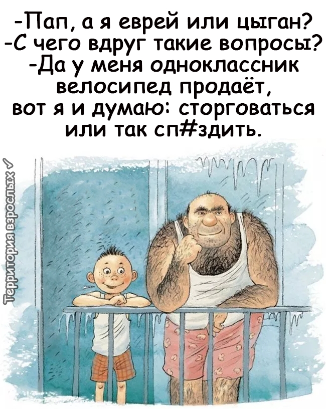 Пап я еврей или цыган С чего вдруг такие вопросы Да у меня одноклассник велосипед продаёт вот я и думаю сторговаться или так спздить Территория д