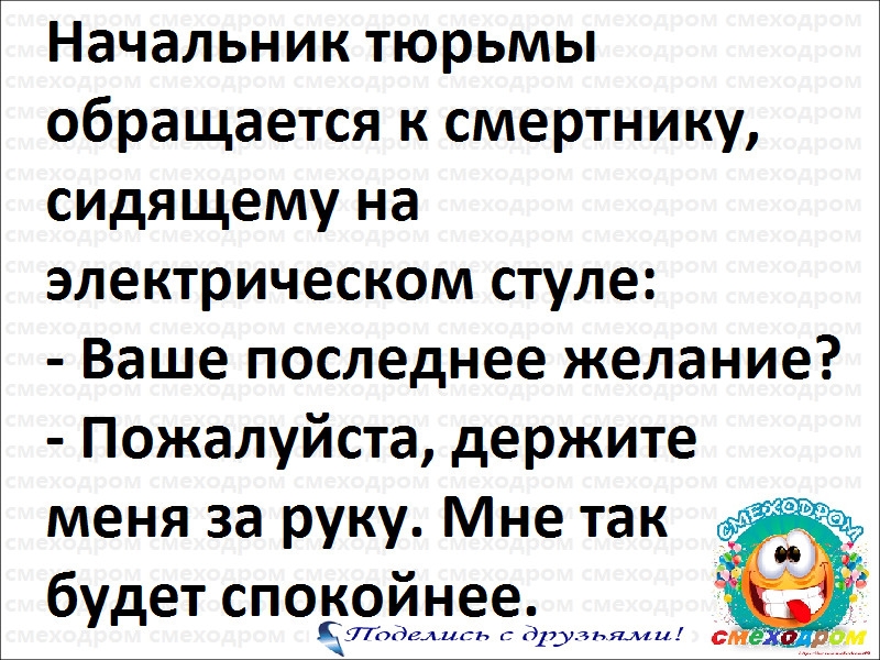 Начальник тюрьмы обращается к смертнику сидящему на электрическом стуле Ваше последнее желание Пожалуйста держите меня за руку Мне так будет спокойнее Пддецпмть д17_утьями д