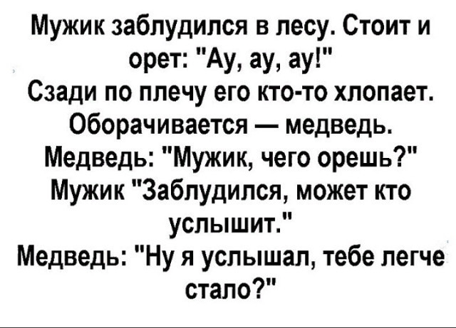 Мужик заблудился в лесу Стоит и орет Ау ау ау Сзади по плечу его кто то хлопает оборачивается медведь Медведь Мужик чего орешь Мужик Заблудился может кто услышит Медведь Ну я услышал тебе легче стало