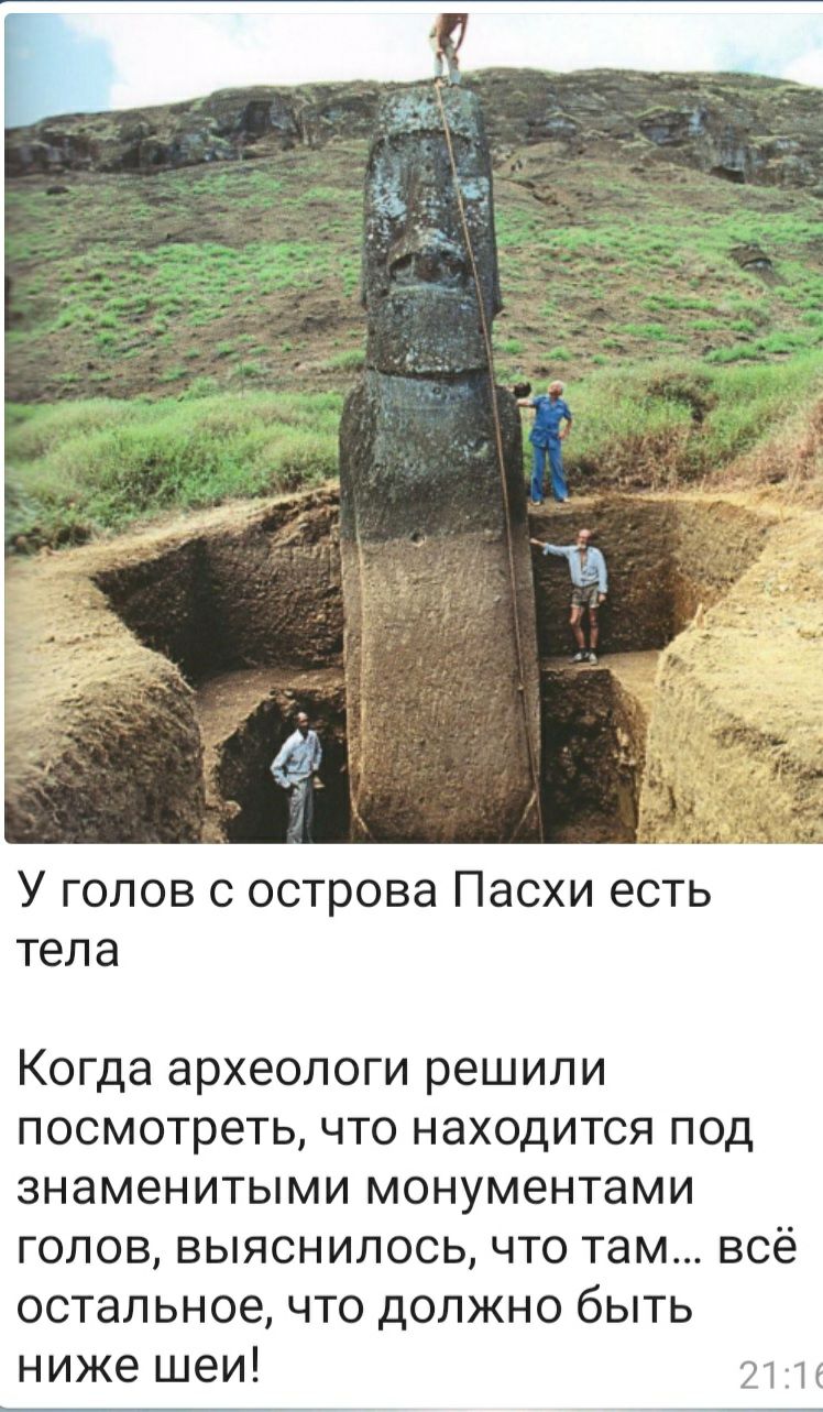 У голов с острова Пасхи есть тела Когда археологи решили посмотреть что находится под знаменитыми монументами голов выяснилось что там всё остальное что должно быть ниже шеи