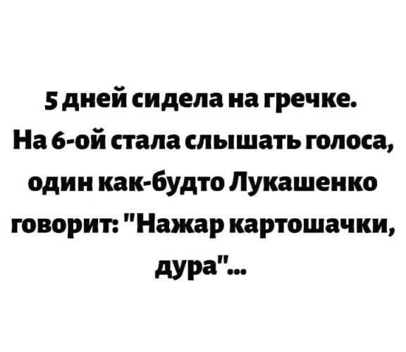 5 дней сидела на гречке На 6 ой стала слышать голоса один как будто Лукашенко говорит Нажар картошачки дура