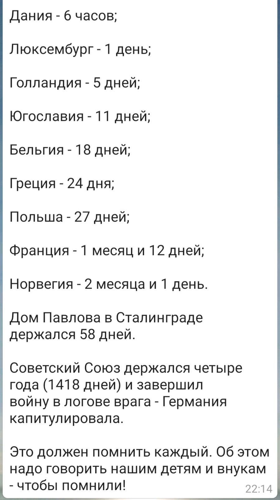 Дания 6 часов Люксембург 1 день Голландия 5 дней Югославия 11 дней Бельгия  18 дней Греция 24 дня Польша 27 дней Франция 1 месяц и 12 дней Норвегия 2  месяца и 1