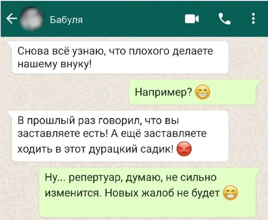 Снова всё узнаю что плохого делаете нашему внуку Например 9 В прошлый раз говорил что вы заставляете есть А ещё заставляете ходить в этот дурацкий садик 6 Ну репертуар думаю не сильно изменится Новых жалоб не будет в