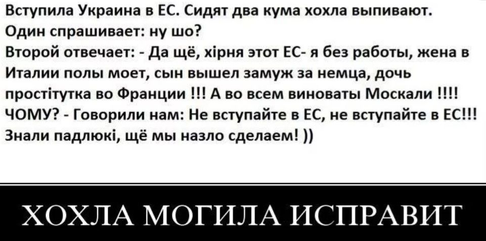 Вступила Украина в ЕС Сидят два кума хохла выпивают Один спрашивает ну шо Второй отвечает Да щё хірня этот ЕС я без работы жена в Италии полы моет сын вышел замуж за немца дочь простітутка во Франции А во всем виноваты Москали ЧОМУ Говорили нам Не вступайте в ЕС не вступайте в ЕС Знали падлюкі щё мы назло сделаем ХОХЛА МОГИЛА ИСПРАВИТ