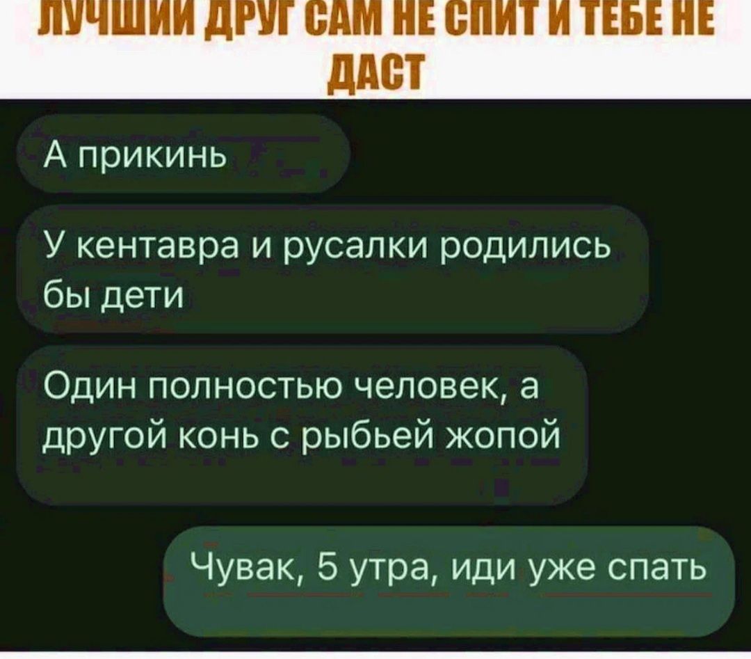 А прикинь У кентавра и русалки родились бы дети Один полностью человек а другой конь с рыбьей жопой Чувак 5 утра иди уже спать