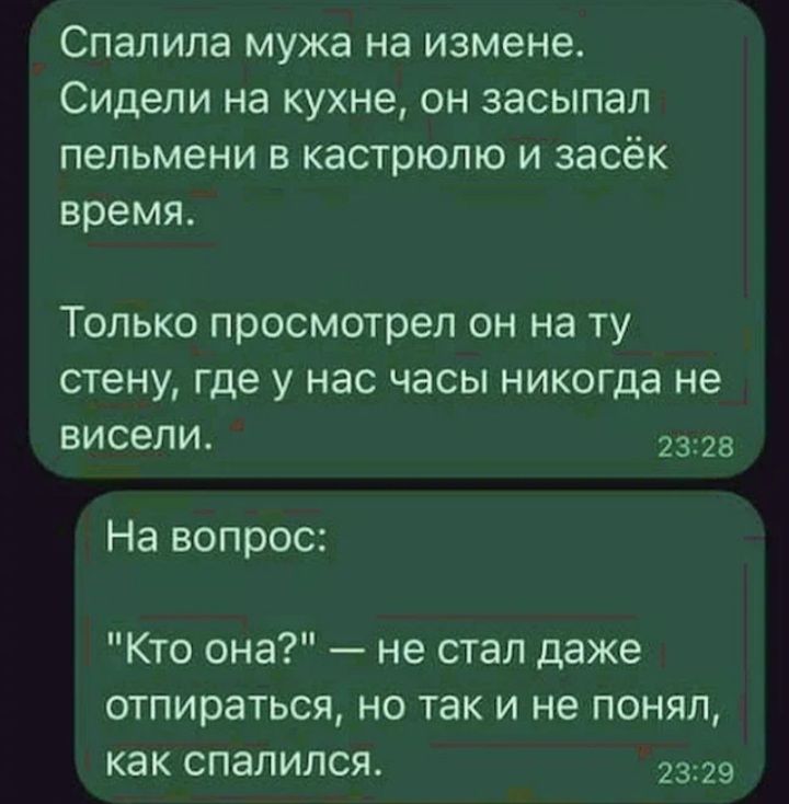 Спалила мужа на измене Сидели на кухне он засыпал пельмени в кастрюлю и засёк время ТОЛЬКО просмотрел ОН на ТУ стену Где У нас часы никогда не висели 23128 На вопрос Кто она не стал даже отпираться но так и не понял как спалился 2329