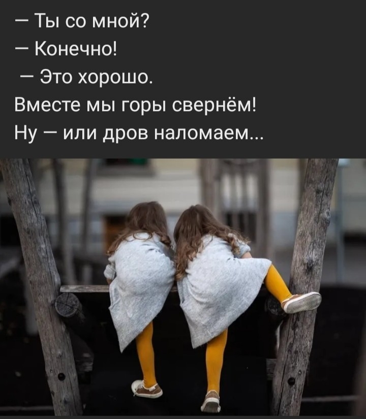 Ты со мной Конечно Это хорошо Вместе мы горы свернём Ну или дров напомаем я __
