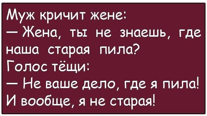 Муж кричит жене Жена ть не знаешь где наша старая пила Голос тёщи Не ваше дело где я пила И вообще я не старая