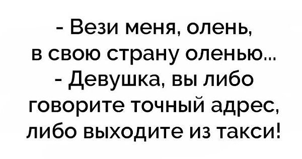 Вези меня олень в свою страну оленью Девушка вы либо говорите точный адрес либо выходите из такси