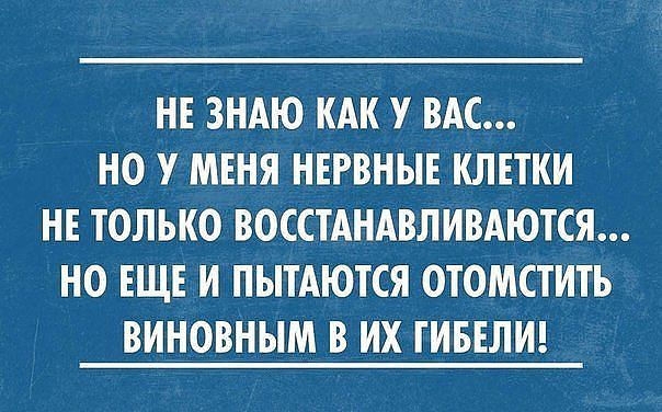 НЕ ЗНАЮ КАК У ВАС НО У МЕНЯ НЕРВНЫЕ КЛЕТКИ НЕ ТОЛЬКО ВОССТАНАВЛИВАЮТСЯ НО ЕЩЕ И ПЫТАЮТСЯ ОТОМСТИТЬ ВИНОВНЫМ В ИХ ТИБЕЛИ