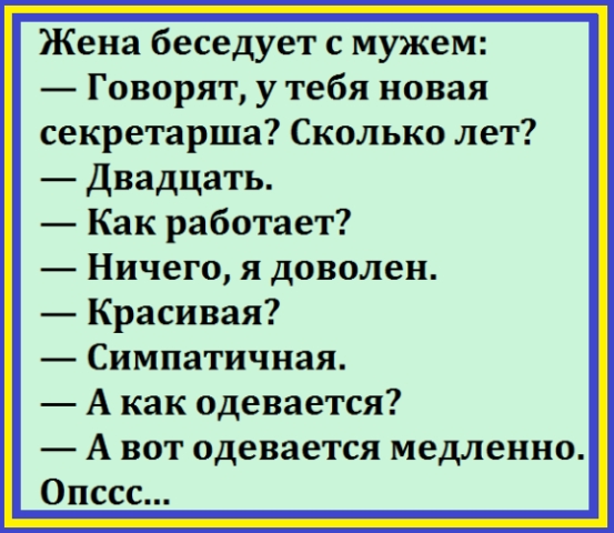 Жена беседует с мужем Говорят у тебя новая секретарша Сколько лет Двадцать Как работает Ничего я доволен Красивая Симпатичная А как одевается А вот одевается медленно Опссс