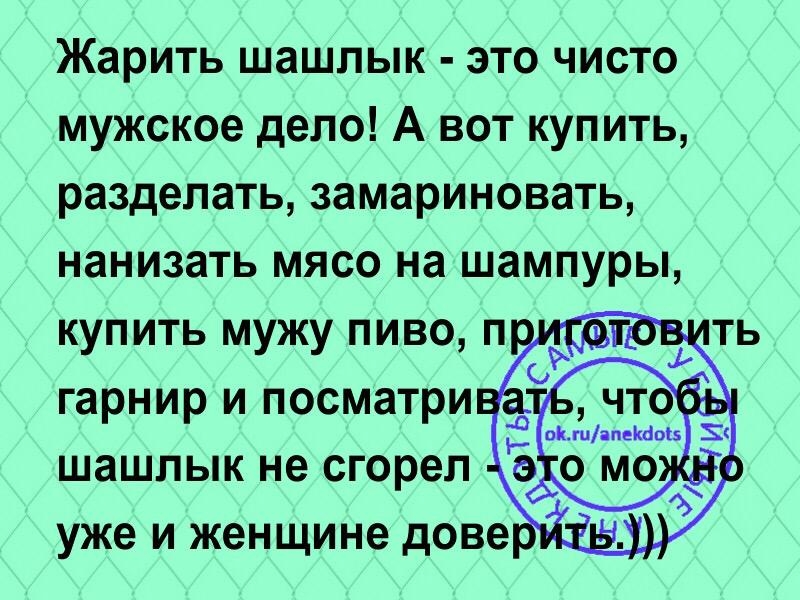 Жарить шашлык это чисто мужское дело А вот купить разделать замариновать нанизать мясо на шампуры
