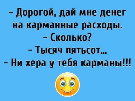 Дорогой дай мне денег на карманные расходы Сколько Тысяч пятьсот Ни хера у тебя карманы