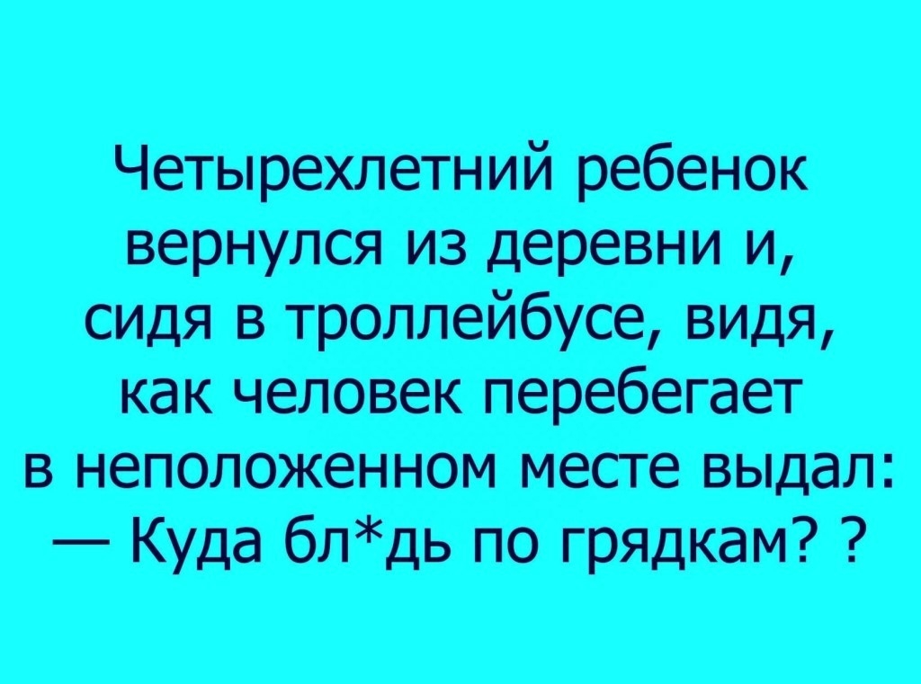 Четырехпегний ребенок вернулся из деревни и видя в троллейбусе видя как человек перебегает в неполохюнном месте выдал Куда блдь по грядкам