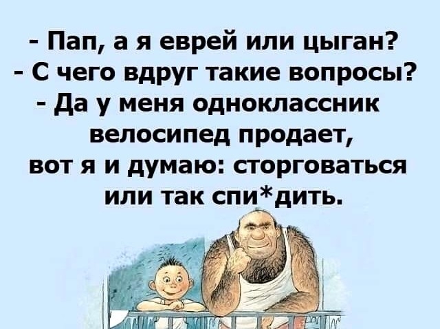 Пап а я еврей или цыган С чего вдруг такие вопросы да у меня одноклассник велосипед продает вот я и думаю сторговаться или так спидить