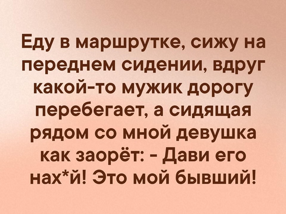 Еду в маршрутке сижу на переднем сидении вдруг какой то мужик дорогу перебегает а СИДящая рядом со мной девушка как заорёт дави его нахй Это мой бывший