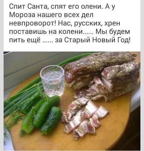 Спит Санта спят его олени А у Мороза нашего всех дел невпроворст Нас русских хрен поставишь на колени Мы будем пить ещё за Старый Новый Год