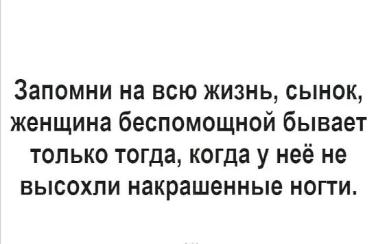 Запомни на всю жизнь сынок женщина беспомощной бывает только тогда когда у неё не высохли накрашенные нопи