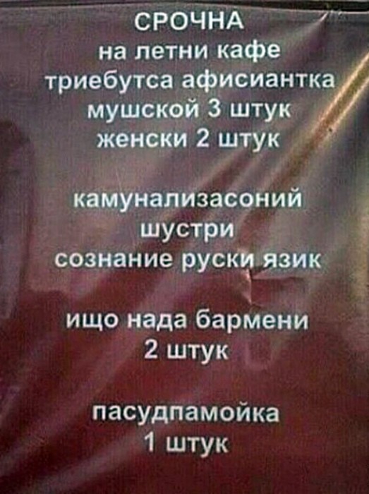 срочнА 7 на летни кафе триебутса афисиантка мушской 3 штук женеки 2 штук кайёінарйёіасфий шустри _ і сознание рускціічзик _ ищо нада бармени 2 штук пасудпамойка 1 штук
