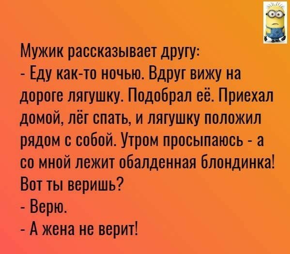 Мужик рассказывает другу Еду как то ночью Вдруг вижу на дороге лягушку Подобрал её Приехал домой лёг спать и лягушку положил рядом с собой Утром просыпаюсь а со мной лежит обалденная блондинка Вот ты веришь Верю А жена не верит