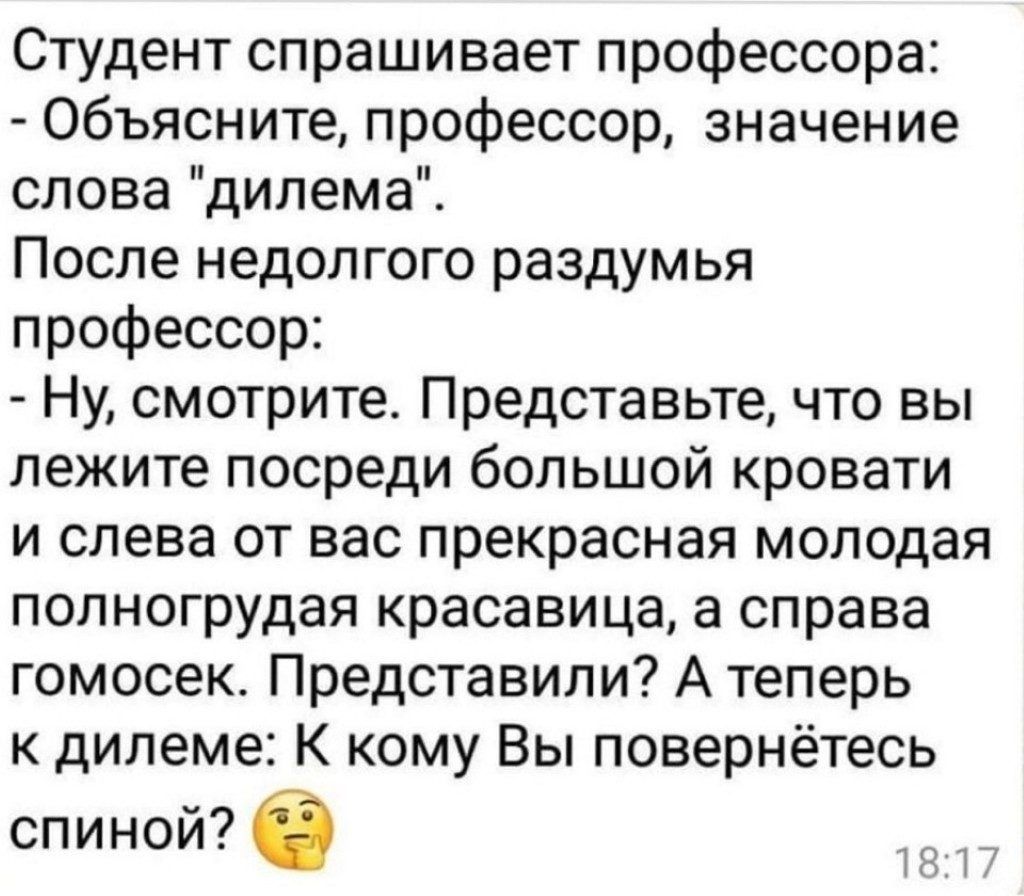 Студент спрашивает профессора Объясните профессор значение слова дилема После недолгого раздумья профессор Ну смотрите Представьте что вы лежите посреди большой кровати и слева от вас прекрасная молодая полногрудая красавица а справа гомосек Представили А теперь к дилеме К кому Вы повернётесь СПИНОИ