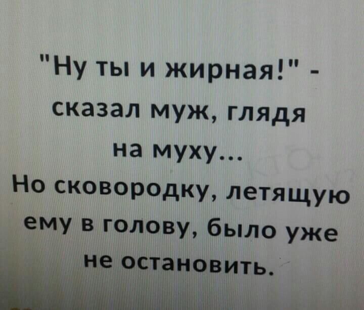 Ну ты и жирная сказал муж глядя на муху Но сковородку летящую МУ ВЗФЁШЁУ было уже