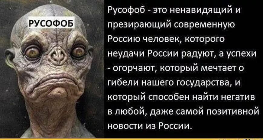 Русофоб это ненавидящий и презирающий современную Россию человек которого неудачи России радуют а успехи огорчают который мечтает о гибели нашего государства и который способен найти негатив в любой даже самой позитивной новости из России