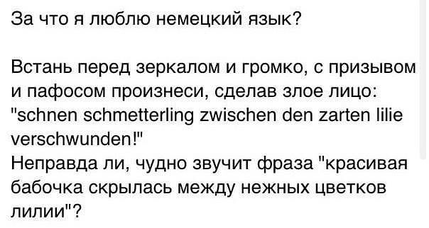 За что я люблю немецкий язык Встань перед зеркалом и громко с призывом и пафосом произнеси сделав злое лицо зсппеп эсптеііегПпо 2иіэспеп сіеп 2агіеп ііе іегэспшипоеп Неправда ли чудно звучит фраза красивая бабочка скрылась между нежных цветков лилии